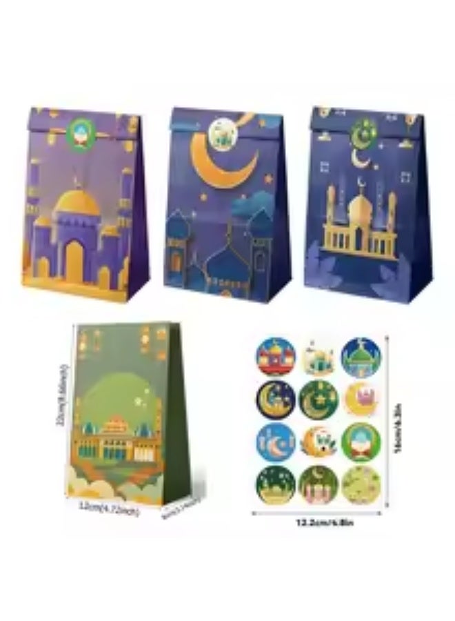 12PCS Ramadan & Eid Mubarak Gift Paper Bags with Stickers – 4 Assorted Islamic Designs Flat Bottom Party Favor Bags for Candy & Treats - Image 3
